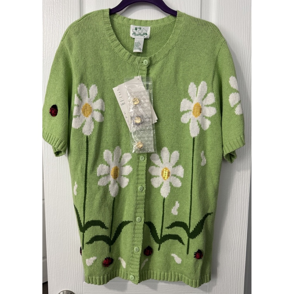 Vtg Quacker Factory Womens Grannycore Ladybug Daisy Short‎ Sleeve Sweater Lg